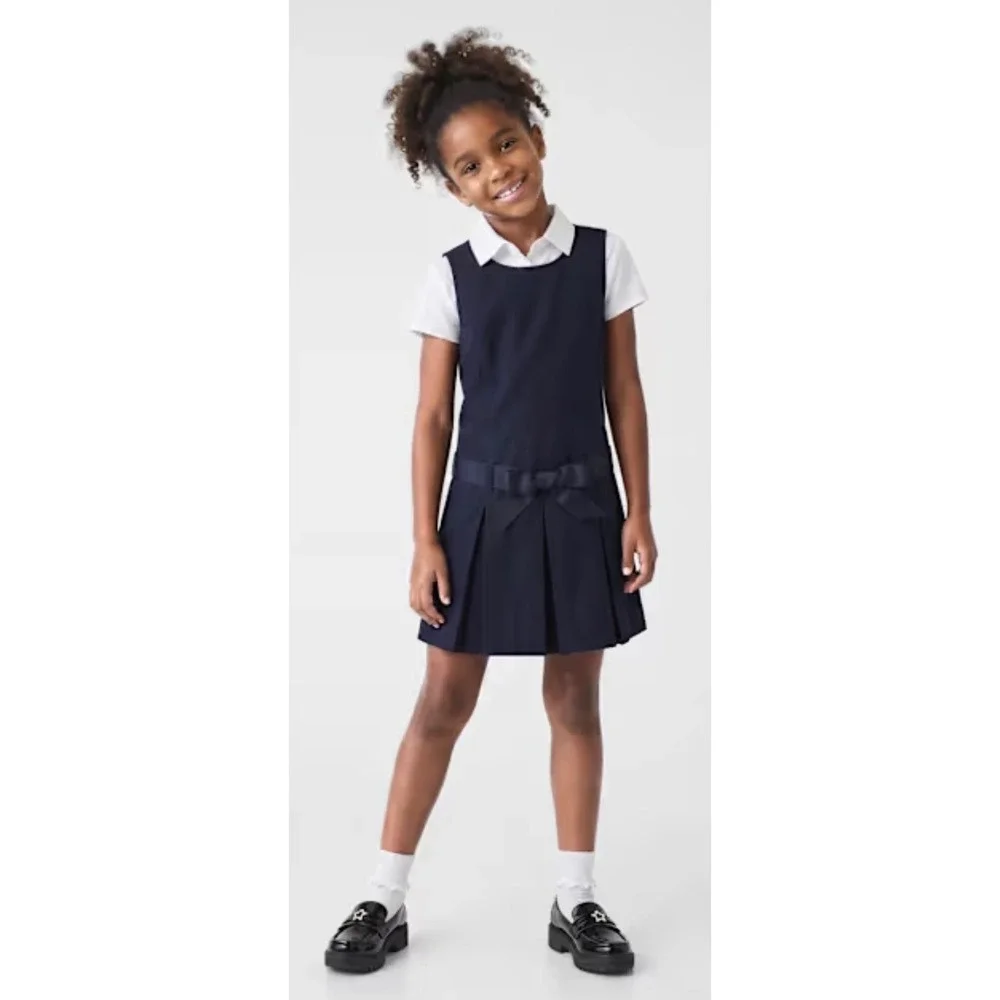 The Childrens Place Girls Navy Blue Pleated School Uniform Jumper Dress Bow 18